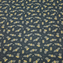 Load image into Gallery viewer, Pattern of bats and moon phases on a dark blue cotton Ruby Star Society fabric background. Made in Japan. Available at Minerva's Bower