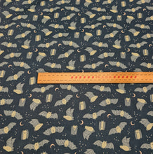 Load image into Gallery viewer, Pattern of bats and moon phases on a dark blue cotton Ruby Star Society fabric background. Made in Japan. Available at Minerva's Bower. Ruler Included for scale