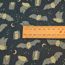 Load image into Gallery viewer, Pattern of bats and moon phases on a dark blue cotton Ruby Star Society fabric background. Made in Japan. Available at Minerva's Bower. Ruler Included for scale