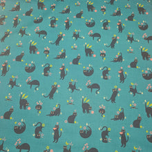 Load image into Gallery viewer, Pattern of black cats with flowers on a teal cotton Ruby Star Society fabric background. Made in Japan. Available at Minerva's Bower