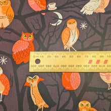 Load image into Gallery viewer, Pattern of colourful owls on a dark cotton Ruby Star Society fabric background. Made in Japan. Available at Minerva's Bower. Ruler included for scale
