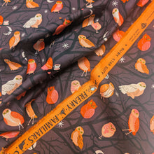 Load image into Gallery viewer, Pattern of colourful owls on a dark cotton Ruby Star Society fabric background. Made in Japan. Available at Minerva's Bower. Fabric draped to show how it handles