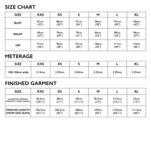 Size chart for Tessuti Patterns Sadie Slip Dress Pattern For sale at Minerva's Bower 