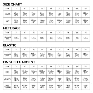 Size Chart for Tessuti Patterns Sonia Short Pattern For sale at Minerva's Bower 