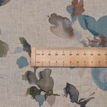 Load image into Gallery viewer, Close up flat lay Saku 55% Linen 45% Cotton Blue, ruler included for scale - for sale at Minerva's Bower