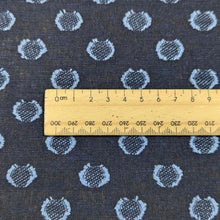 Load image into Gallery viewer, Flat lay of Seren linen cotton jacquard in Indigo. Available at Minerva&#39;s Bower. A ruler is included to show scale