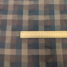 Load image into Gallery viewer, Yarn dyed 30% linen 70% cotton blend plaid check in brown, blue and purple available at Minerva&#39;s Bower, with ruler included for scale