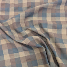 Load image into Gallery viewer, Drape of Yarn dyed 30% linen 70% cotton blend plaid check in brown, blue and purple available at Minerva&#39;s Bower