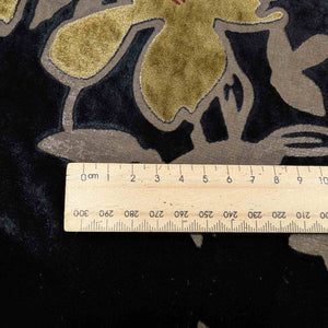 Close up of Silk Burnout Velvet, Antique Gold Floral, for sale at Minerva's Bower, ruler included for scale