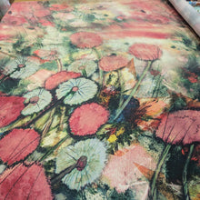 Load image into Gallery viewer, Flat lay of 100% Silk Satin, Dandelion Wish with slevedge to selvedge design, for sale at Minerva's Bower