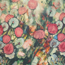 Load image into Gallery viewer, Flat lay of 100% Silk Satin, Dandelion Wish with slevedge to selvedge design, for sale at Minerva's Bower