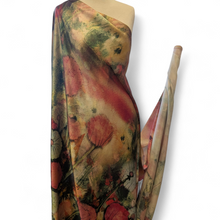 Load image into Gallery viewer, Drape on mannequin of 100% Silk Satin, Dandelion Wish with slevedge to selvedge design, for sale at Minerva's Bower