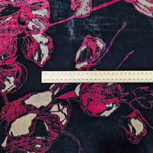 Flat lay of Silk Burnout Velvet, Crimson Floral, for sale at Minerva's Bower, ruler included for scale