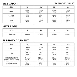 Extended size chart of Tessuti Patterns Tokyo Jacket paper Pattern For sale at Minerva's Bower 