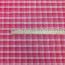 Load image into Gallery viewer, Flat lay of linen cotton Sorbet Gingham, in pinks and white. Available at Minerva&#39;s Bower. Ruler included for scale