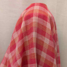 Load image into Gallery viewer, Flat lay of linen cotton Sorbet Gingham, in pinks and white. Available at Minerva&#39;s Bower. Fabric draped to show how it handles