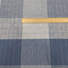 Load image into Gallery viewer, Blue and white checkered linen cotton fabric for sale at Minerva&#39;s Bower with ruler for scale