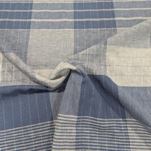 Load image into Gallery viewer, Draped Blue and white checkered linen cotton fabric for sale at Minerva&#39;s Bower