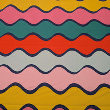 Load image into Gallery viewer, Flat lay of 100% Cotton Poplin Summer Abroad, with a colourful wavy pattern - available at Minerva's Bower 