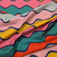 Load image into Gallery viewer, Flat drape of 100% Cotton Poplin Summer Abroad, with a colourful wavy pattern - available at Minerva's Bower 