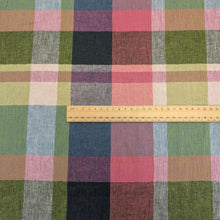 Load image into Gallery viewer,  Yarn dyed crinkle 55% linen 45% cotton check in pinks and greens available at Minerva&#39;s Bower with ruler included for scale