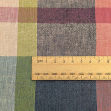 Load image into Gallery viewer, Close up of Yarn dyed crinkle 55% linen 45% cotton check in pinks and greens available at Minerva&#39;s Bower with ruler included for scale