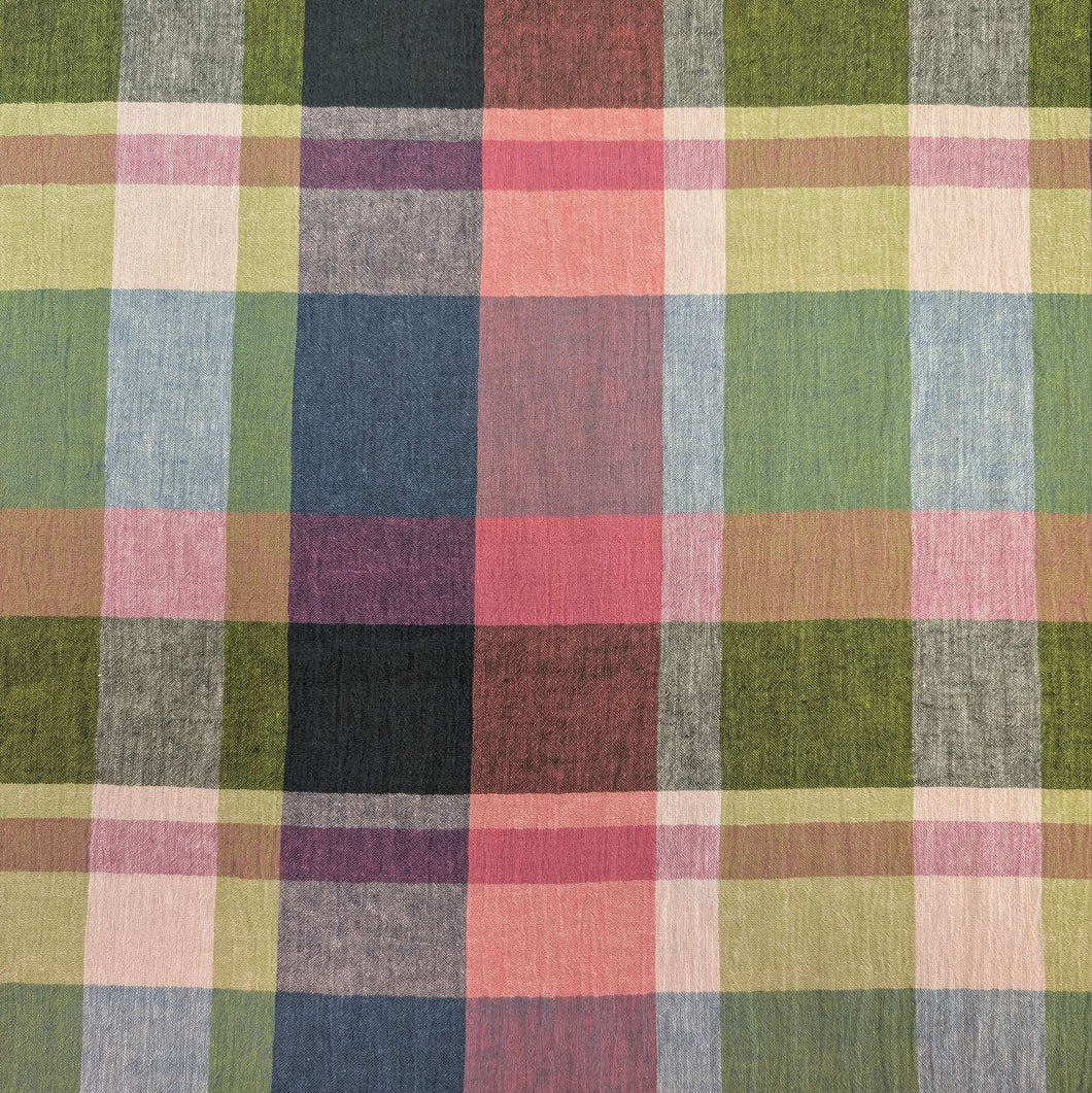  Yarn dyed crinkle 55% linen 45% cotton check in pinks and greens available at Minerva's Bower 