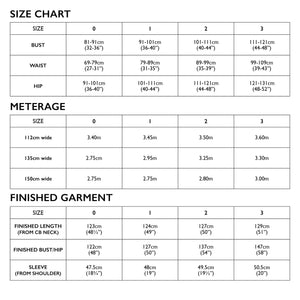 Size Chart of Tessuti Patterns Robe paper pattern for sale at Minerva's Bower