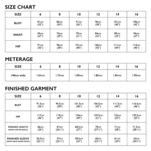 Size Chart of Tessuti Patterns Tokyo Jacket paper Pattern For sale at Minerva's Bower 