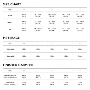 Size Chart for Tessuti Patterns Torino vest paper Pattern For sale at Minerva's Bower 