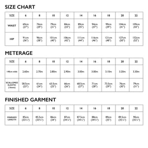 Size chart for Tessuti Patterns Avery Skirt paper pattern for sale at Minerva's Bower