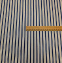 Load image into Gallery viewer, Flat lay of 100% Cotton Canvas Ticking Stripe,Navy, for sale at Minerva's Bower, ruler included for scale