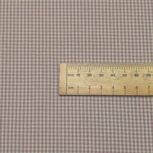 Load image into Gallery viewer, Close up flat lay of yarn dyed Japanese 100% Cotton, Tiny Gingham Lilac, ruler included for scale  -for sale at Minerva's Bower
