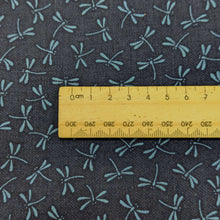 Load image into Gallery viewer, Close up of Japanese 100% Cotton, Tonbo, indigo base with a small dragonfly design, available now at Minerva&#39;s Bower and ruler included for scale