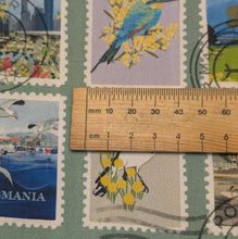 Load image into Gallery viewer, Close up flat lay of 100% Cotton by Devonstone, Aussie Backyard Travel Stamps, ruler included for scale - for sale at Minerva's Bower