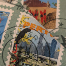 Load image into Gallery viewer, Close up of 100% Cotton by Devonstone, Aussie Backyard Travel Stamps - for sale at Minerva's Bower
