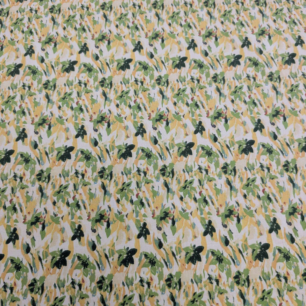 Japanese cotton fabric with a floral pattern with small flowers in greens and yellows, for sale at Minerva's Bower