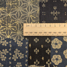 Load image into Gallery viewer, Close up flat lay of Japanese 100% Cotton, Wagara Blue, for sale at Minerva's Bower, ruler included for scale
