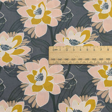 Load image into Gallery viewer, Close up flat lay of 100% Cotton by Rachelle Holowko, Water Lily, ruler included for scale, for sale at Minerva's Bower