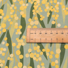 Load image into Gallery viewer, Close up flat lay of 100% Cotton by Devonstone, Aussie Backyard Wattle, ruler included for scale - for sale at Minerva's Bower