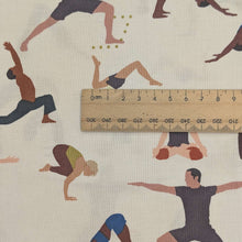 Load image into Gallery viewer, Close up flat lay of Alexander Henry 100% Cotton, Yoga Poses, for sale at Minerva&#39;s Bower with a ruler included for scale