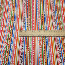Load image into Gallery viewer, Flat lay of Thread and Ink 100% Cotton, Ziggy Ecru with colourful ric rac design, ruler included for scale - for sale at Minerva's Bower
