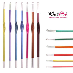 Set of colorful crochet hooks with 'KnitPro' branding on a white background