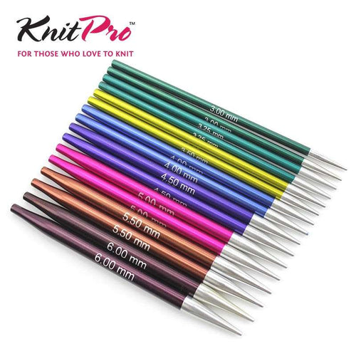 Set of colorful knitting needles with size markings on a white background, featuring the brand 'Knit Pro'.