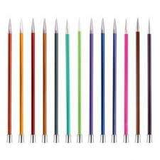 Colourful aluminium knitting needles on a white background