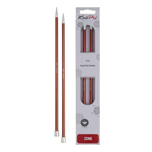 Knitting needles with red and silver design, displayed with their packaging on a white background.