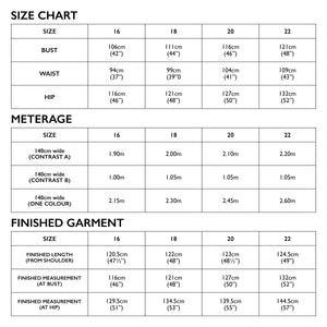 16 to 22 size chart of Tessuti Patterns Aida Dress paper pattern for sale at Minerva's Bower