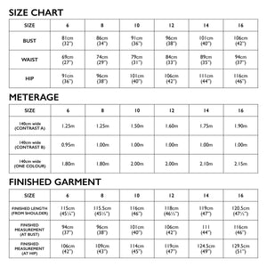 6 to 16 size chart of Tessuti Patterns Aida Dress paper pattern for sale at Minerva's Bower