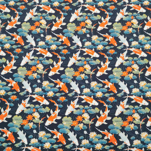 Flat lay of pure cotton poplin with a koi fish pond print. Available at Minerva's Bower