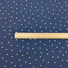Load image into Gallery viewer, Flat lay of cotton linen spot fabric, in navy colourway. Made in Japan, by Kokka. Available at Minerva&#39;s Bower. Ruler included for scale